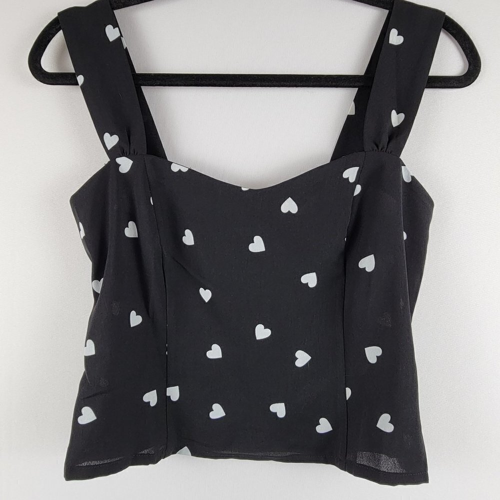 Rihoas Tank Top Black Heart Print Women's Size Small Side Zip Elastic Back Crop